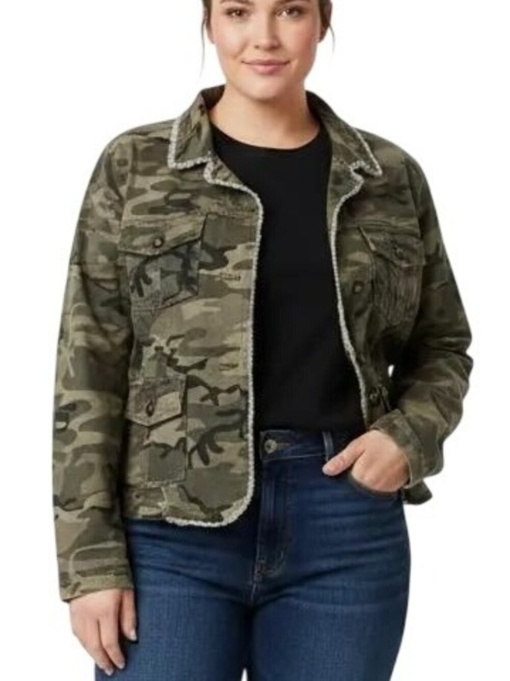 Bailey's Point Camo Print Frayed Trim Buttoned Pockets Jean Jacket Size L (11/13